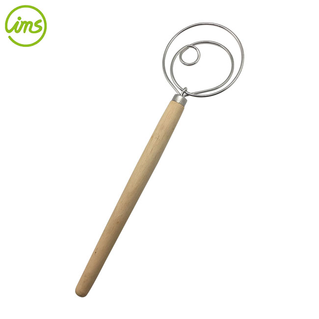 SS 304 Wire Wood Handle Danish Dough Mixer Whisk